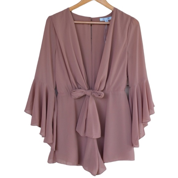 She and Sky Pants - Silk Plunge Mocha Bell Sleeve Romper